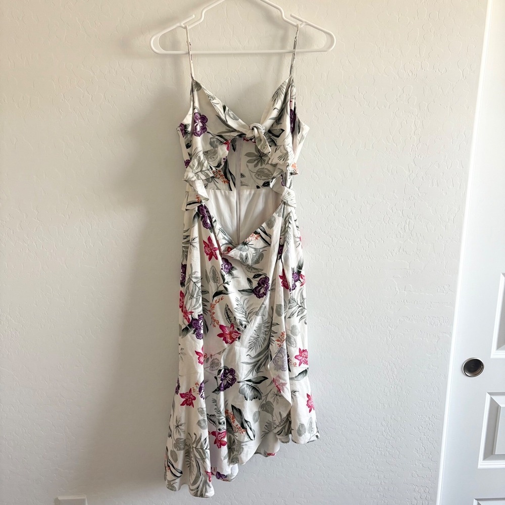 WAYF Floral Print Midi Dress Tie-Front Cutout Back Tropical White M - Picture 2 of 8